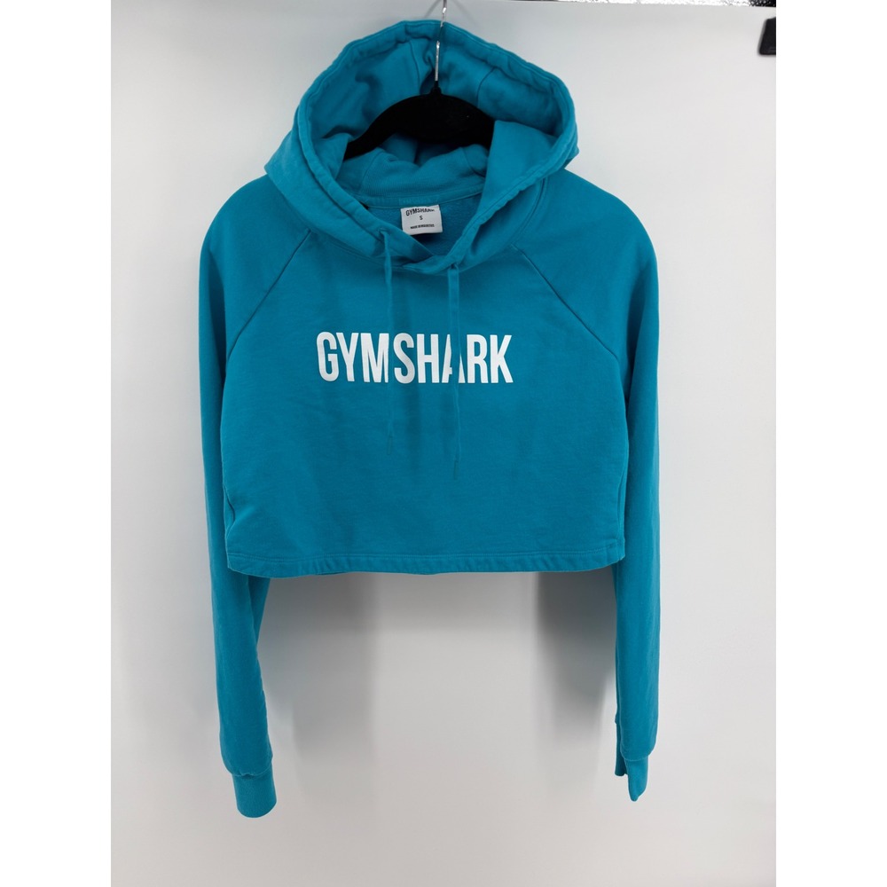 Gymshark Womens Teal Blue Cropped Logo Hoodie Sweatshirt Size Small Pullover